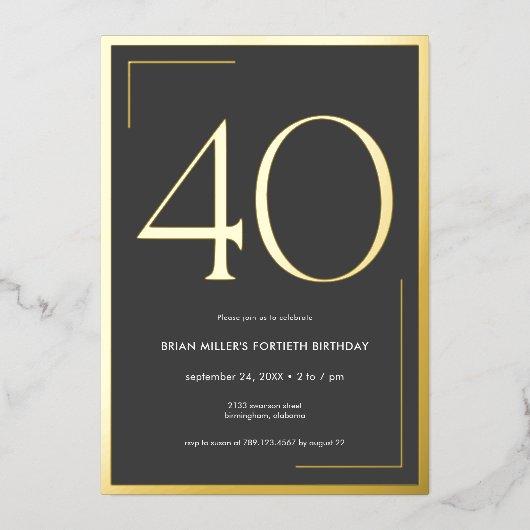 Modernes Minimal Elegant Fortieth Birthday Folieneinladung (Vorderseite)
