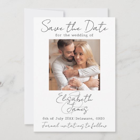 Modernes Minimal Elegantes Script Weiß Grau Hinzuf Save The Date (Vorderseite)