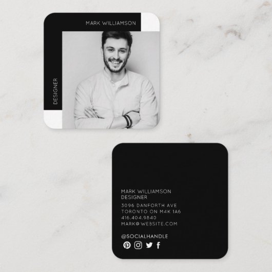 Modernes Minimal-Foto Schwarz Quadratische Visitenkarte (Vorne/Hinten)