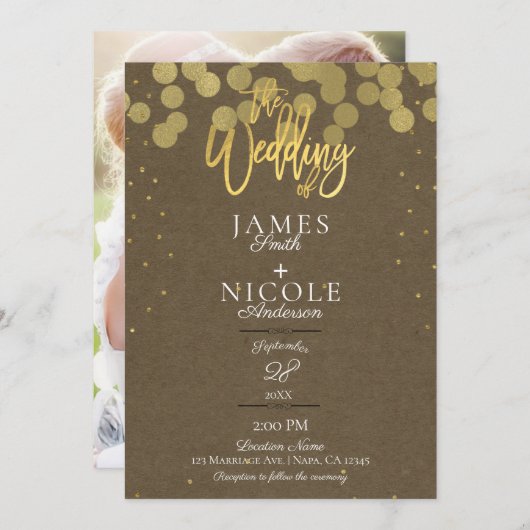Modernes Minimal Gold Confetti Foil Foto Hochzeit Einladung (Vorne/Hinten)