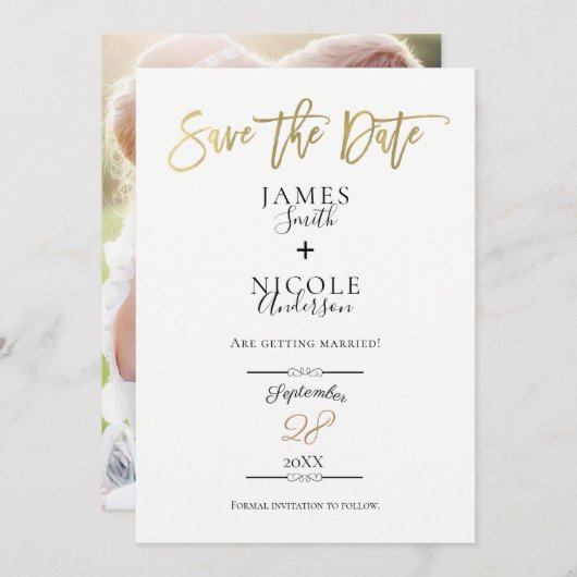 Modernes Minimal Gold Foil Full Foto Save the Date Einladung (Vorne/Hinten)