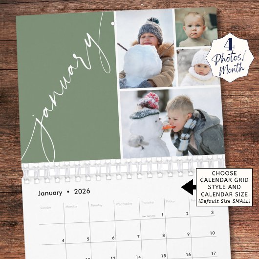 Modernes Minimal Grün 4 Fotos pro Monat Kalender