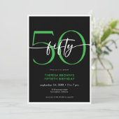 Modernes Minimal grünes fünfziges Drehbuch Geburts Einladung (Stehend Vorderseite)