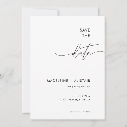Modernes Minimal-Kalligraphie-Script Schwarz-weiß Save The Date (Vorderseite)