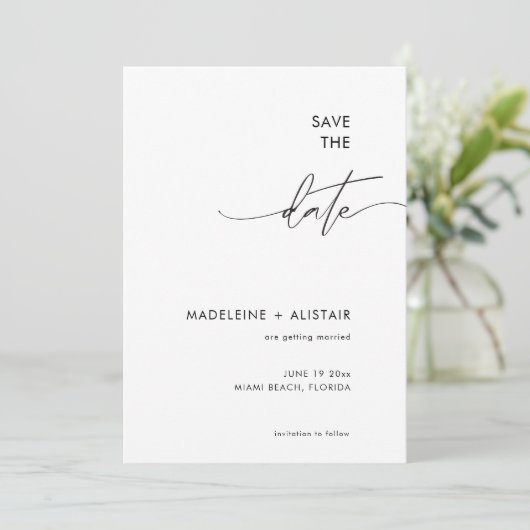 Modernes Minimal-Kalligraphie-Script Schwarz-weiß Save The Date (Stehend Vorderseite)