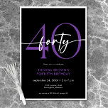 Modernes Minimal Lila 40 Script Geburtstag Einladung<br><div class="desc">Dieses moderne und schicke Geburtstagsfest verbindet klassisches Schwarz und Weiß mit Akzenten hellen lila. Es ist minimales Design ist ein einfaches und lustiges Design,  um den Meilenstein Geburtstag zu feiern. Die Rückseite ist ein einfaches Polka Dot Muster. Erstellt von der einfachen Farmhouse Press.</div>