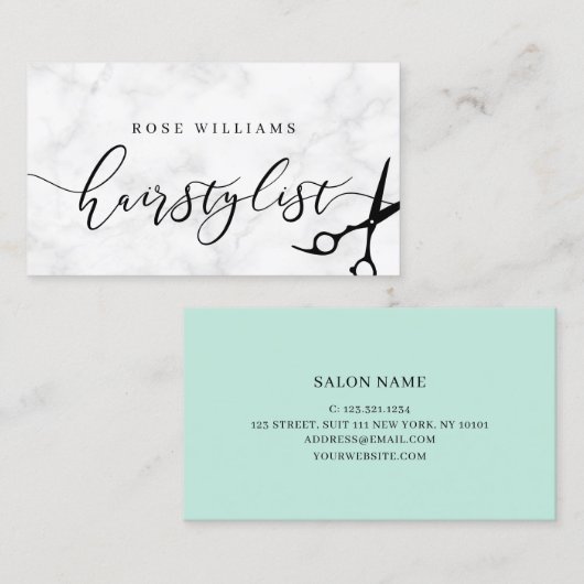 Modernes Minimal-Marmor & Minzhairstylist Visitenkarte (Vorne/Hinten)