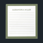 Modernes Minimal Monogram Name Olive Notizblock<br><div class="desc">Berufliches Notizblock mit minimalistischem Design in einer olivgrün-weißen Farbpalette. Einfache Einmaligkeit und Name auf einem einfachen,  weißen Hintergrund,  gerahmt durch einen oliven Rahmen. Personalisieren Sie die Eingabe mit den angegebenen Feldern,  oder wenden Sie sich mit der Schaltfläche 'Nachricht' an den Designer,  um Hilfe zu erhalten.</div>