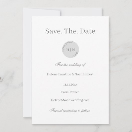 Modernes Minimal-Monogramm grauweiß Save the Date Einladung (Vorderseite)