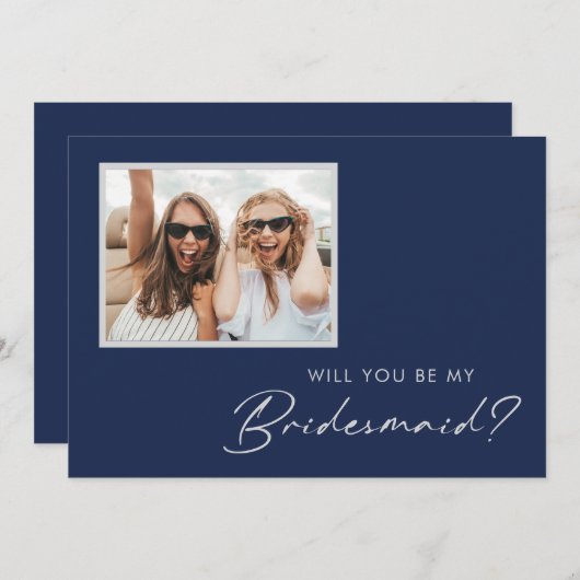 Modernes Minimal Navy Blue Silver Foto Bridesmaid Einladung (Vorne/Hinten)