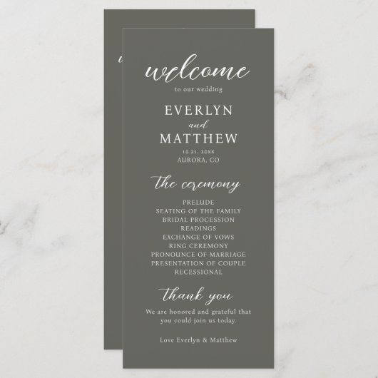 Modernes Minimal Olive Gray Hochzeitsprogramm (Vorne/Hinten)