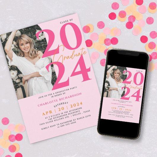 Modernes Minimal Rosa Abschluss Foto Einladung