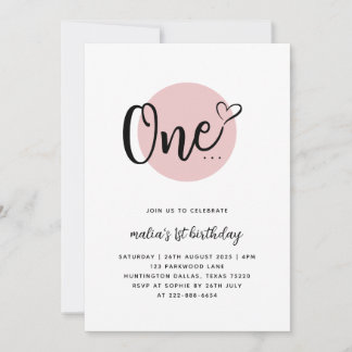 Modernes Minimal rosa One | 1. Geburtstag Einladung
