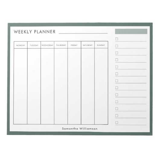 Modernes Minimal Sage Green Weekly Planer Notepad Notizblock (Vorderseite)