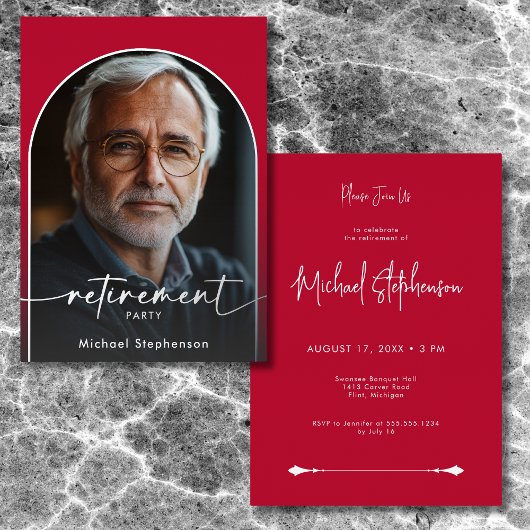 Modernes Minimal Scarlet Red Retirement Party Folieneinladung