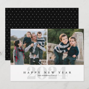 Modernes Minimal Schwarz & Grau 2 Foto Happy New Y Feiertagskarte