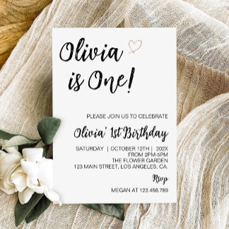 Modernes Minimal Schwarz und Weiß 1. Geburtstag Einladung