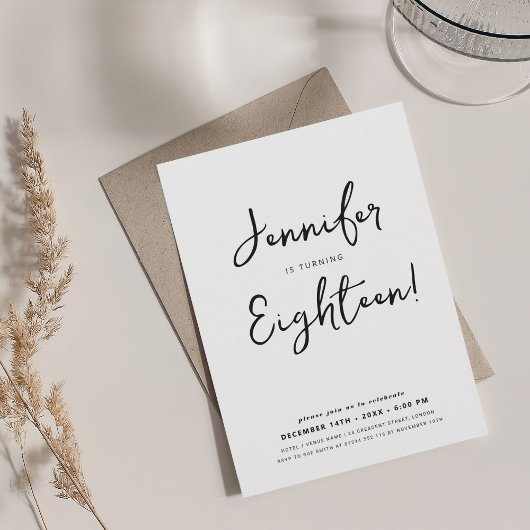 Modernes Minimal Script 18. Geburtstag Schwarz & W Einladung