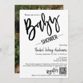 Modernes Minimal Script Baby Shower QR Code Foto Einladung (Vorne/Hinten)