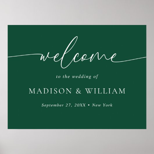 Modernes Minimal Script Green Wedding Willkommensz Poster (Vorne)