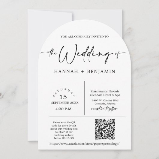 Modernes Minimal-Script-Hochzeitsskript-QR-Foto Einladung (Vorderseite)