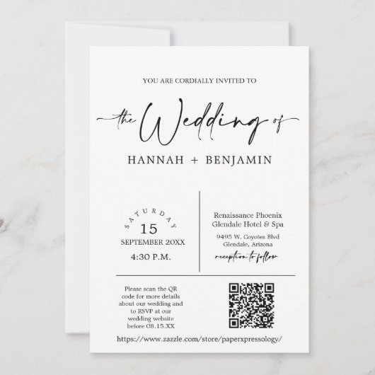 Modernes Minimal-Script-Wedding-Arch QR-Foto Einladung (Vorderseite)