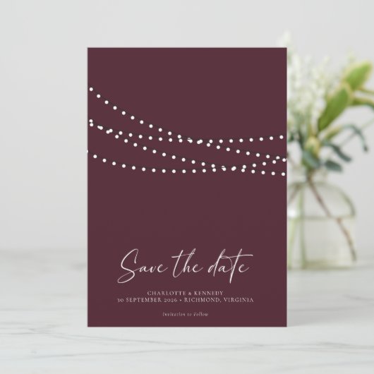 Modernes Minimal String Lights Foto Save the Date (Stehend Vorderseite)
