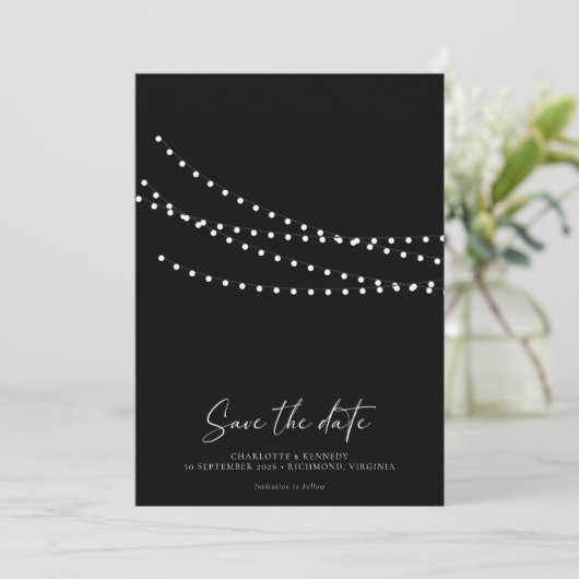 Modernes Minimal String Lights Foto Save the Date (Stehend Vorderseite)