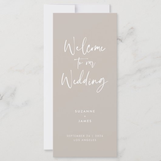 Modernes Minimal Taupe Script Wedding Programm (Vorderseite)