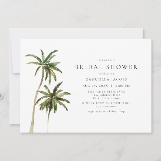 Modernes Minimal Tropical Beach Palm Brautparty Einladung (Vorderseite)