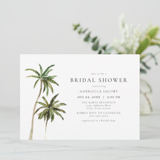 Modernes Minimal Tropical Beach Palm Brautparty Einladung (Stehend Vorderseite)