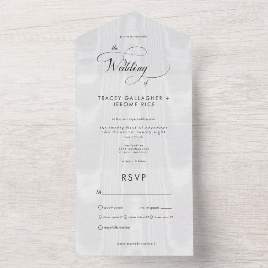 Modernes Minimal weißes Satin Taffeta Abendessen All In One Einladung (Innen Boden)