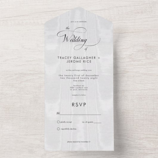 Modernes Minimal weißes Satin Taffeta Kein Abendes All In One Einladung (Innen Boden)