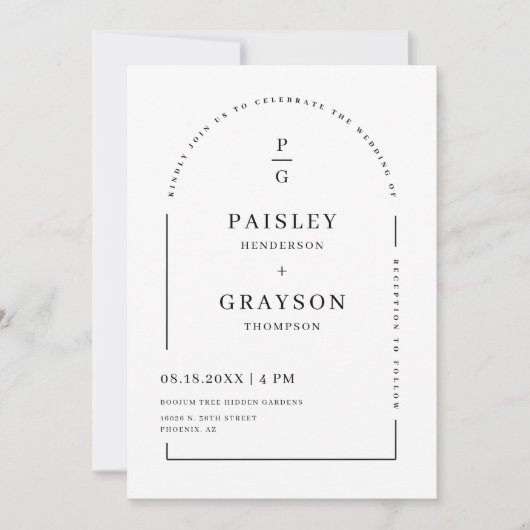 Modernes Minimal-White-Arch-QR-Foto Einladung (Vorderseite)