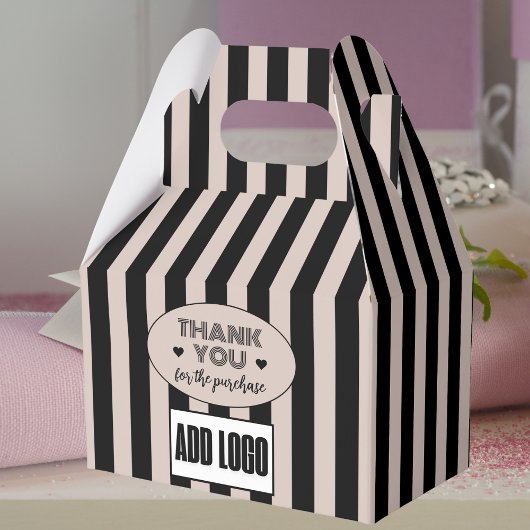 Modernes, minimales Beige-Black Stripes-Logo Geschenkschachtel