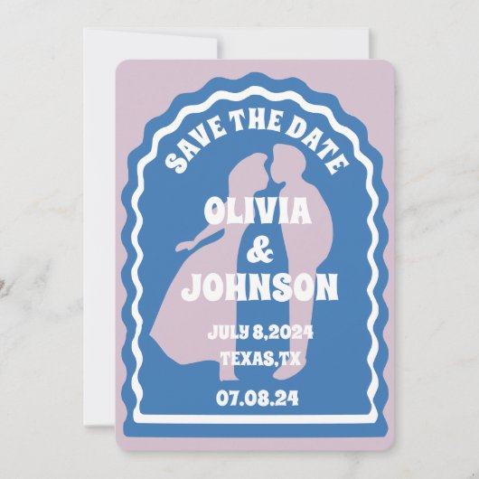Modernes, minimales Blue Retro Wavy Arch Bold Date Save The Date (Vorderseite)