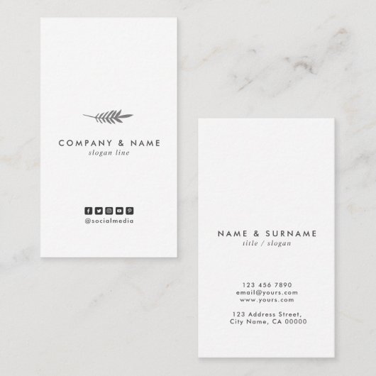 Modernes minimales elegantes Blatt-weiße u. graue Visitenkarte (Vorne/Hinten)