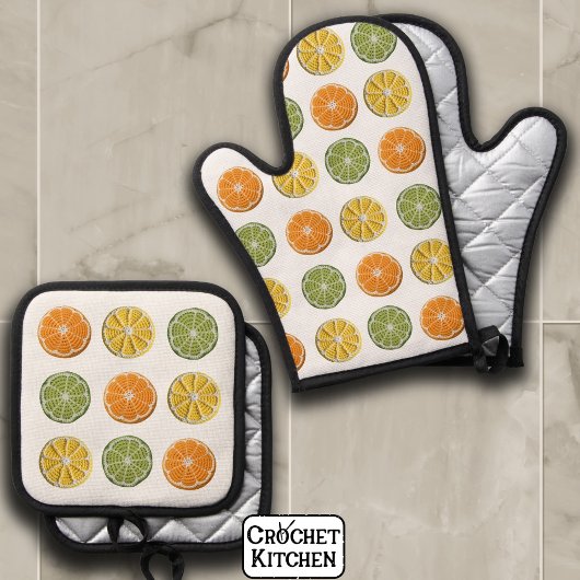 Modernes minimales Muster frischen Crochet Citrus Ofenhandschuh & Topflappen-Set