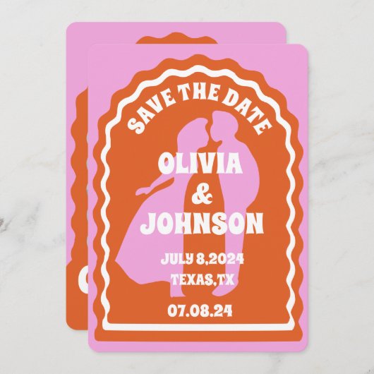 Modernes minimales Orange Retro Wavy Arch Bold Dat Save The Date (Vorne/Hinten)