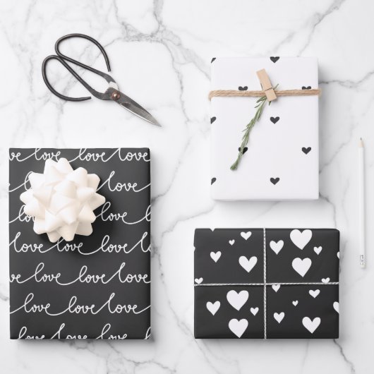Modernes, minimales Schwarz-Weiß-Valentin Geschenkpapier Set (Vorderseite)