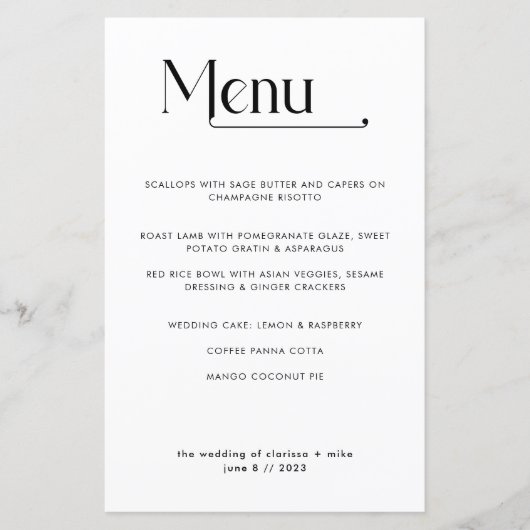 Modernes minimales Typografie Dinner Wedding Menu (Vorderseite)