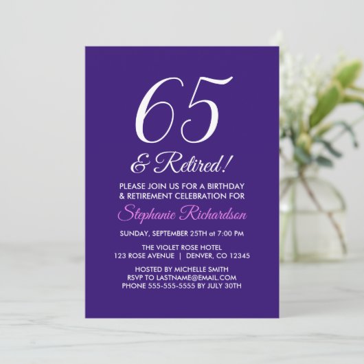 Modernes Minimalistisch 65 und Lila Rentensystem Einladung (Stehend Vorderseite)