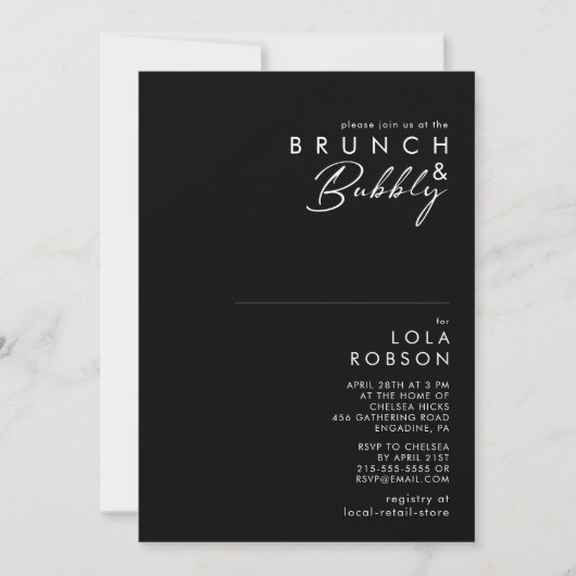 Modernes Minimalistisch | Black Brunch und Bubbly  Einladung (Vorderseite)