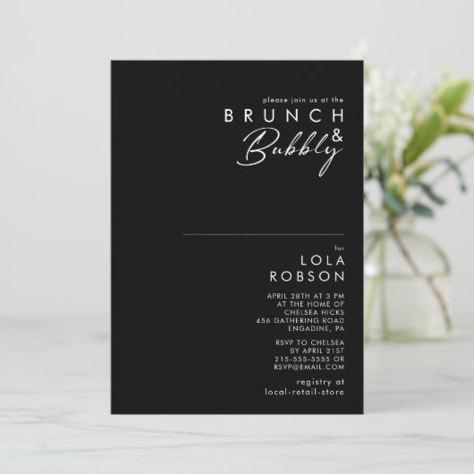 Modernes Minimalistisch | Black Brunch und Bubbly Einladung (Stehend Vorderseite)
