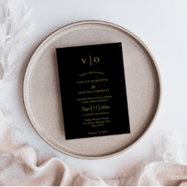 Modernes Minimalistisch | Black Gold Monogram Wedd Einladung