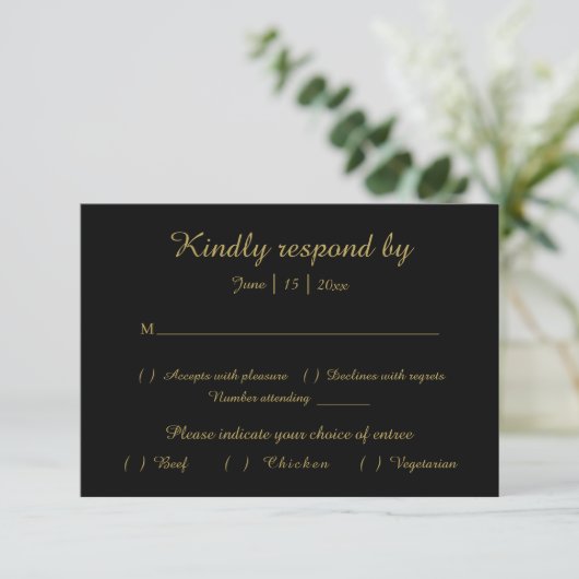 Modernes Minimalistisch | Black Gold Response Card RSVP Karte (Stehend Vorderseite)