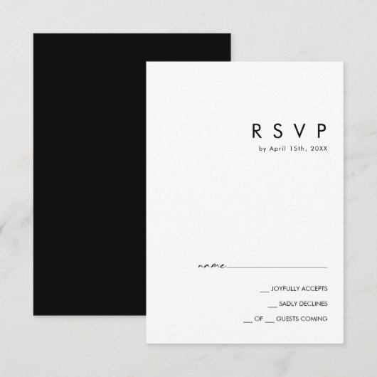 Modernes Minimalistisch | Black RSVP Card Karte (Vorne/Hinten)