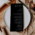 Modernes Minimalistisch | Black Wedding Dinner Men Menükarte<br><div class="desc">Diese moderne Minimalistin | Das schwarze Dinner Menü ist perfekt für Ihre klassische Hochzeit. Das schlichte, einzigartige abstrakte Design, begleitet von einem zeitgemäßen minimalen Drehbuch und einer Schwarz-Weiß-Farbpalette, verleiht diesem Produkt ein Gefühl von elegantem formalem Luxus und bleibe gleichzeitig simplizistisch, chic bhemian. Behalt es so, wie es ist, oder wähle...</div>