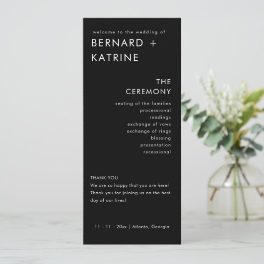 Modernes Minimalistisch | Black Wedding Program Programm (Stehend Vorderseite)