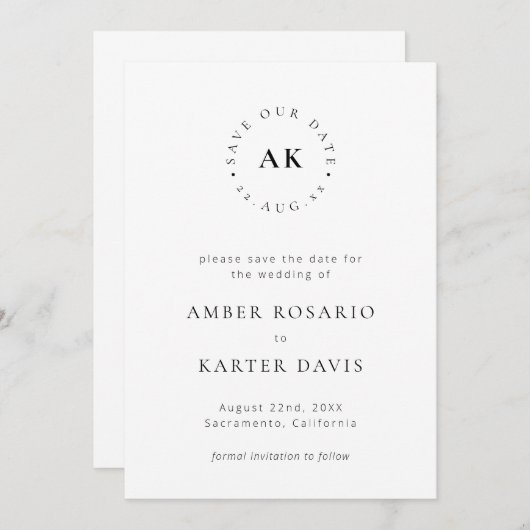 Modernes Minimalistisch einfaches Monogramm Save The Date (Vorne/Hinten)